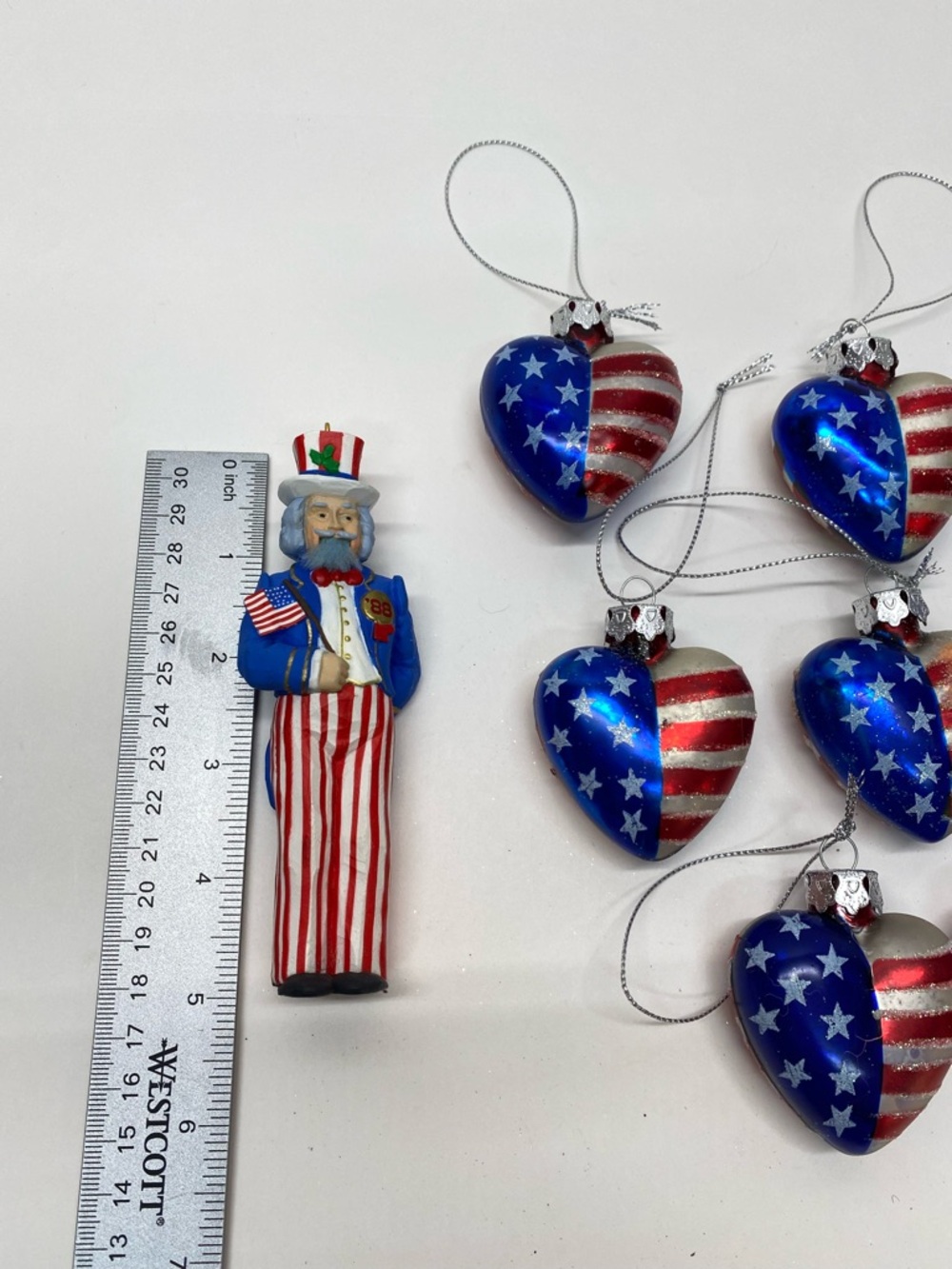 Patriotic Heart Ornament Set of 8 1 Uncle Sam Nutcracker Ornament Americana 4th - Picture 6 of 15